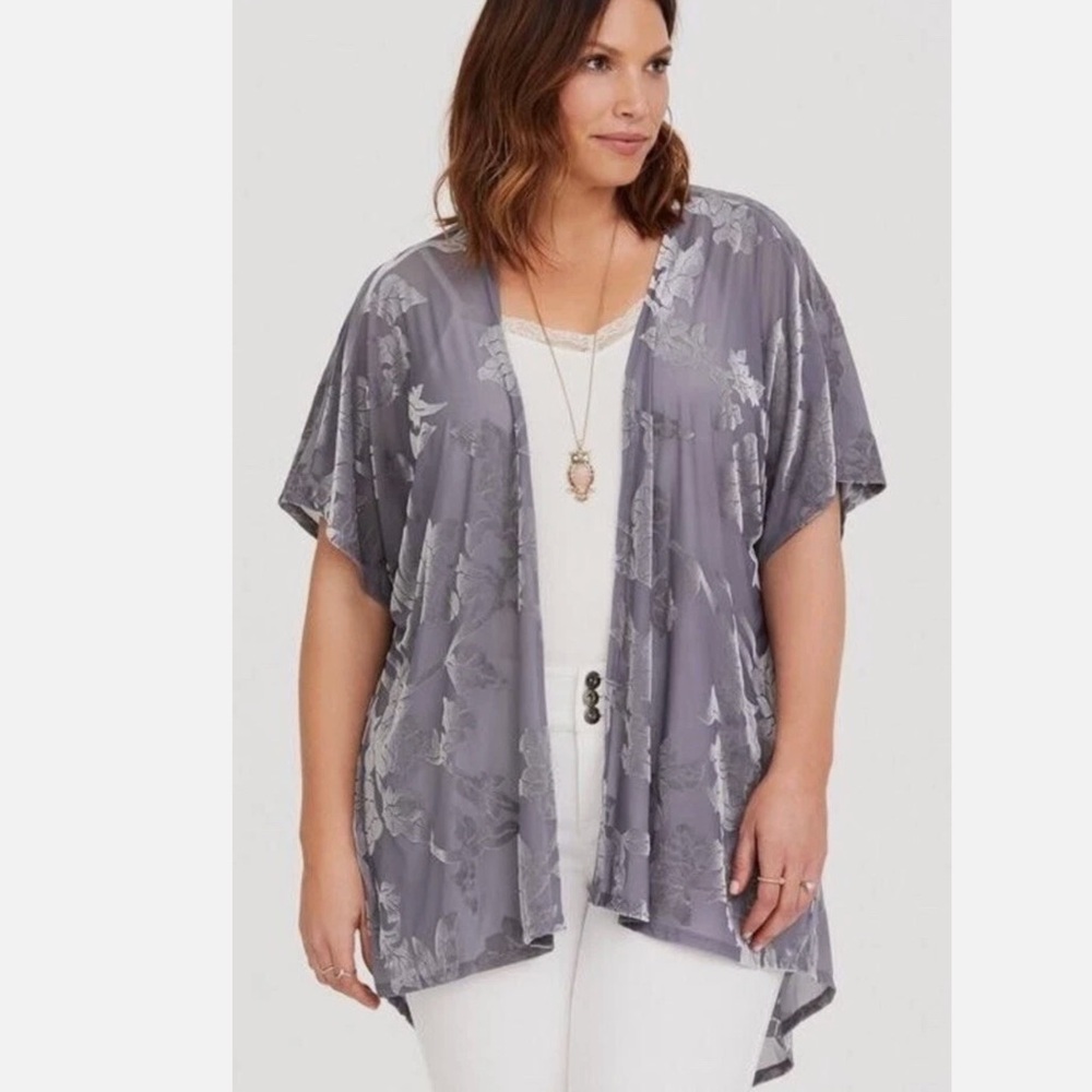 Torrid Velvet Burnout Kimono Size 1/2 1X-2X Dark Pearl Grey Floral Cardigan